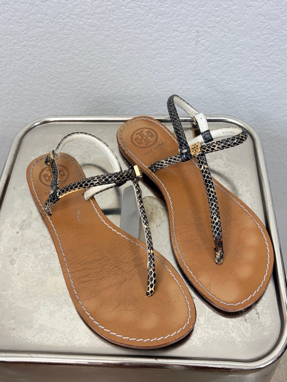 Tory Burch Tan Leather Thora Snake-Print Thong Sandals Size 7